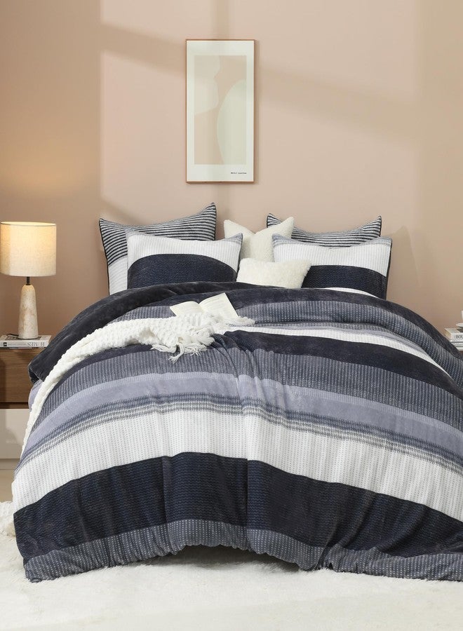 Litanika Fluffy Queen Comforter Set, Luxury Soft Plush Fuzzy Fleece Dark Grey Stripe Bedding Comforter Sets, Warm Shaggy Faux Fur Bed Set All Season (1 Comforter, 2 Pillowcases) - Image 2