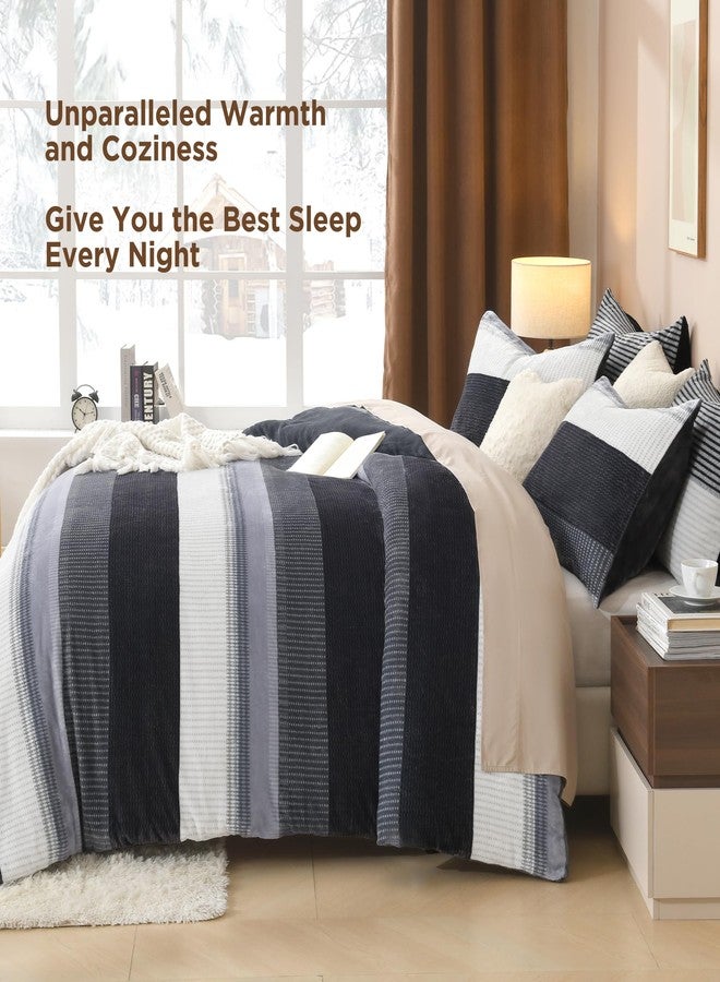 Litanika Fluffy Queen Comforter Set, Luxury Soft Plush Fuzzy Fleece Dark Grey Stripe Bedding Comforter Sets, Warm Shaggy Faux Fur Bed Set All Season (1 Comforter, 2 Pillowcases) - Image 4