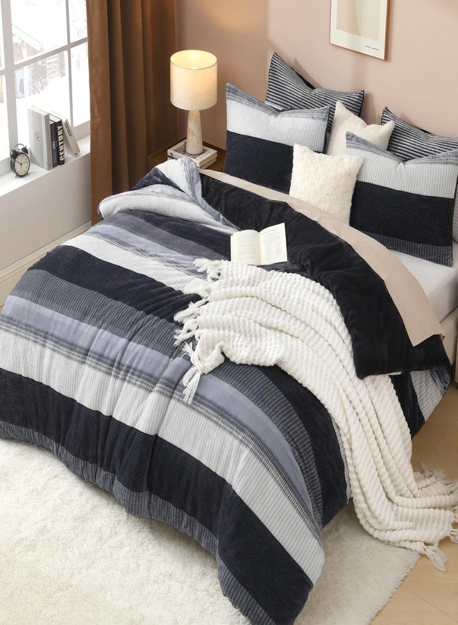 Litanika Fluffy Queen Comforter Set, Luxury Soft Plush Fuzzy Fleece Dark Grey Stripe Bedding Comforter Sets, Warm Shaggy Faux Fur Bed Set All Season (1 Comforter, 2 Pillowcases) - Image 1