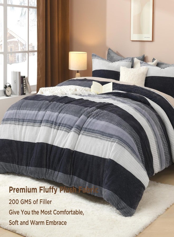 Litanika Fluffy Queen Comforter Set, Luxury Soft Plush Fuzzy Fleece Dark Grey Stripe Bedding Comforter Sets, Warm Shaggy Faux Fur Bed Set All Season (1 Comforter, 2 Pillowcases) - Image 3