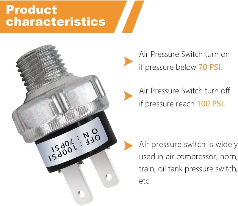 mankk Air Pressure Switch 70-100 PSI Thread 1/4" NPT 24V 12V DC Air Compressor Pressure Switch for Air Horn Train 70-100-1/4" NPT-W - Image 4