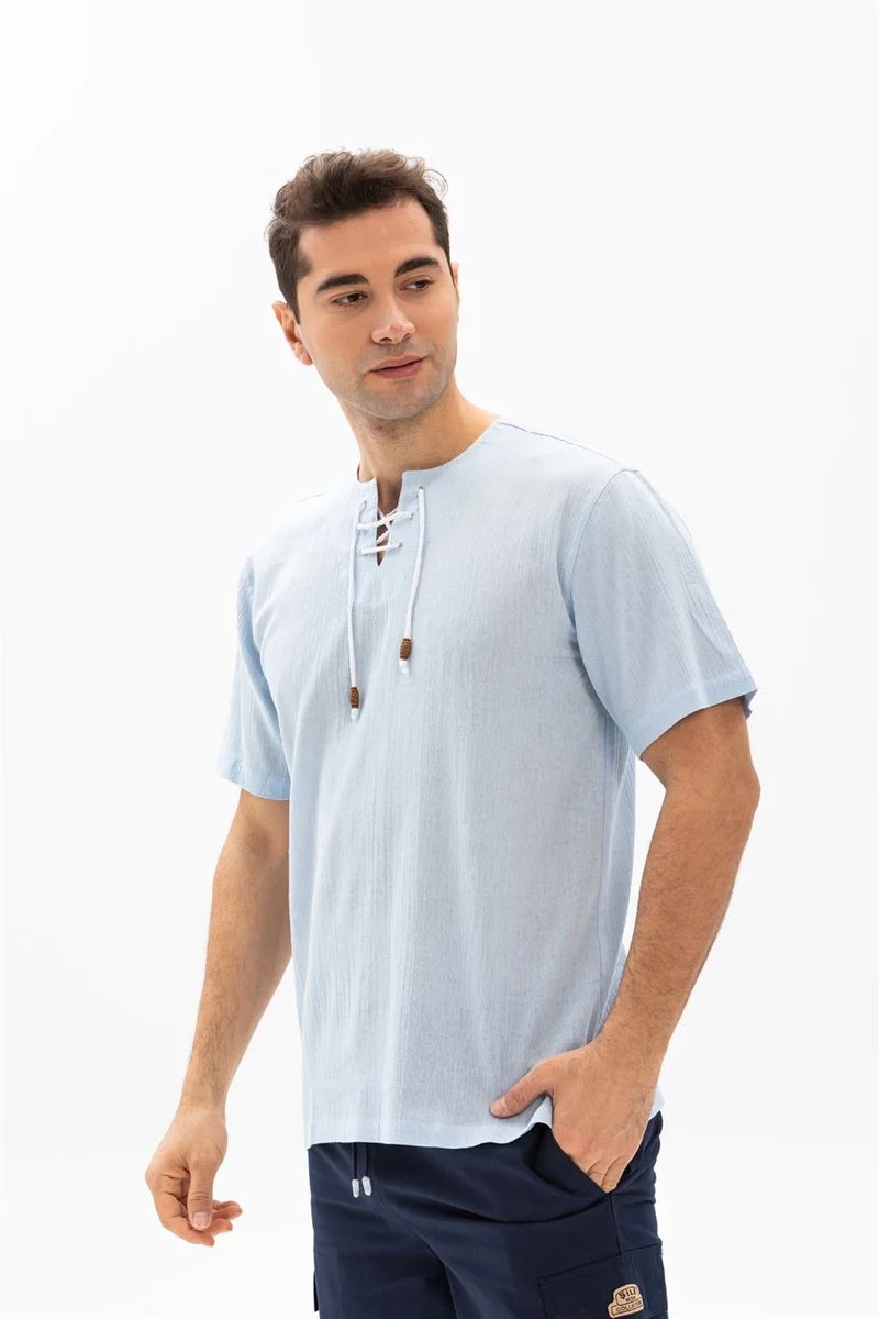 اليش شيل بيزي Kısa Kol Şile Bezi Zımbalı Erkek Tshirt Buz Mavi 3027