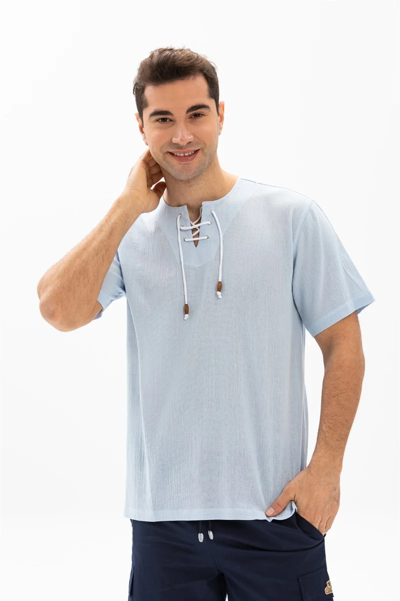 اليش شيل بيزي Kısa Kol Şile Bezi Zımbalı Erkek Tshirt Buz Mavi 3027
