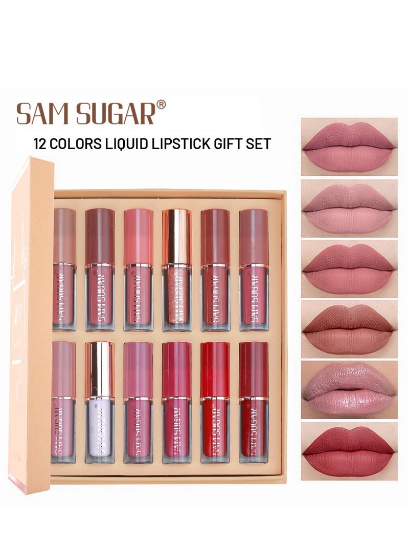 SAM SUGAR 12 Colors Book Style Velvet Matte Liquid Lipstick Christmas Gift Set Long-Lasting Non-Stick Cup Not Fade Shimmer Nude Lip Gloss Thanks For the Love Lip Set (Set A) - Image 1