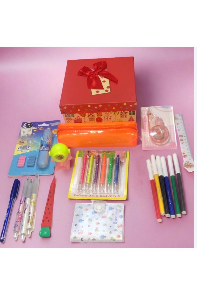 بوكس مجموعة أدوات مدرسية مكونة من 24 قطعة (مقلمة فسفوري جلد + نوت بوك + 6 الوان رسم للوجة + 6 قلم فلوماستر+ كارت استيكة للأطفال مزودة بمروحة + استيكة فضاء + مسطرة كرتونية + 3 قلم اطفال + قلم جاف + كوريكتور شريط تصحيح) - Image 1