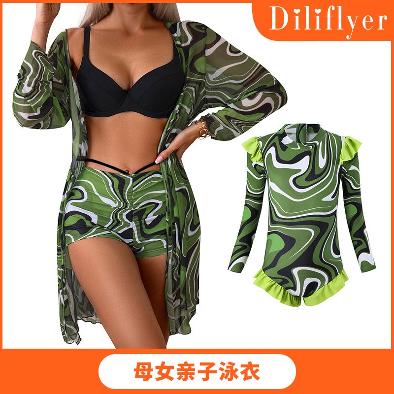 New Parent-Child Swimwear Women'S Blouse Long-Sleeved Sunscreen Hard Bag Bikini Three-Piece Купальник - Image 2