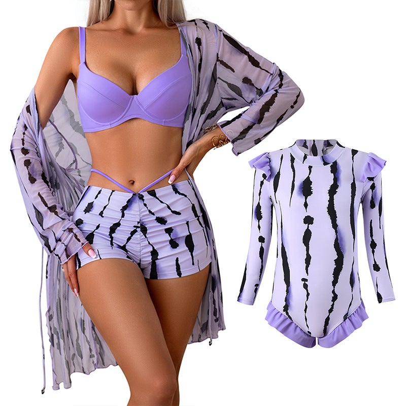 New Parent-Child Swimwear Women'S Blouse Long-Sleeved Sunscreen Hard Bag Bikini Three-Piece Купальник - Image 4
