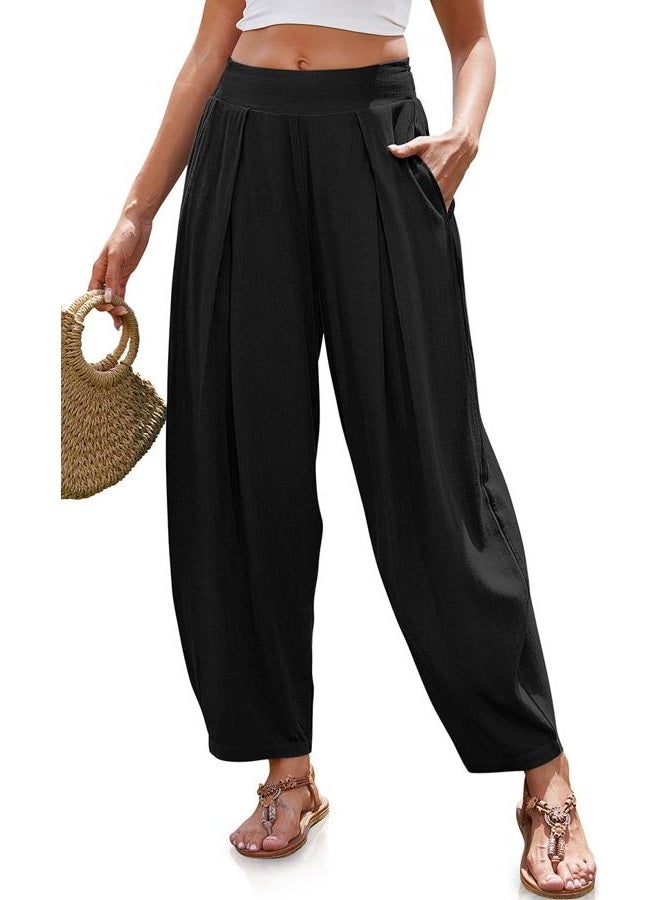 TARSE Women's Linen Harem Pants Loose Fit Boho Pants with Wide Waistband Casual Lounge Trousers for Summer Beach Vacation, Black, M - Image 1