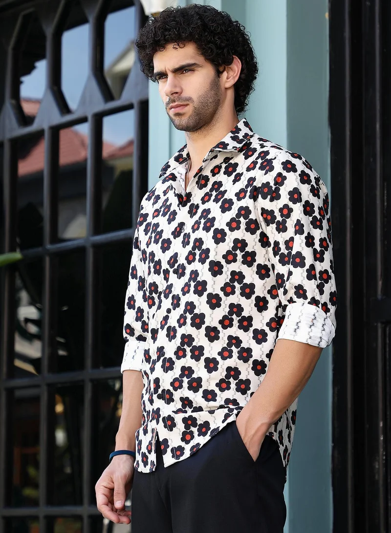 CAHOOT  Men's Onyx Black & Crimson Red Retro-Bloom Tactile Shirt for Men | Best Price UAE