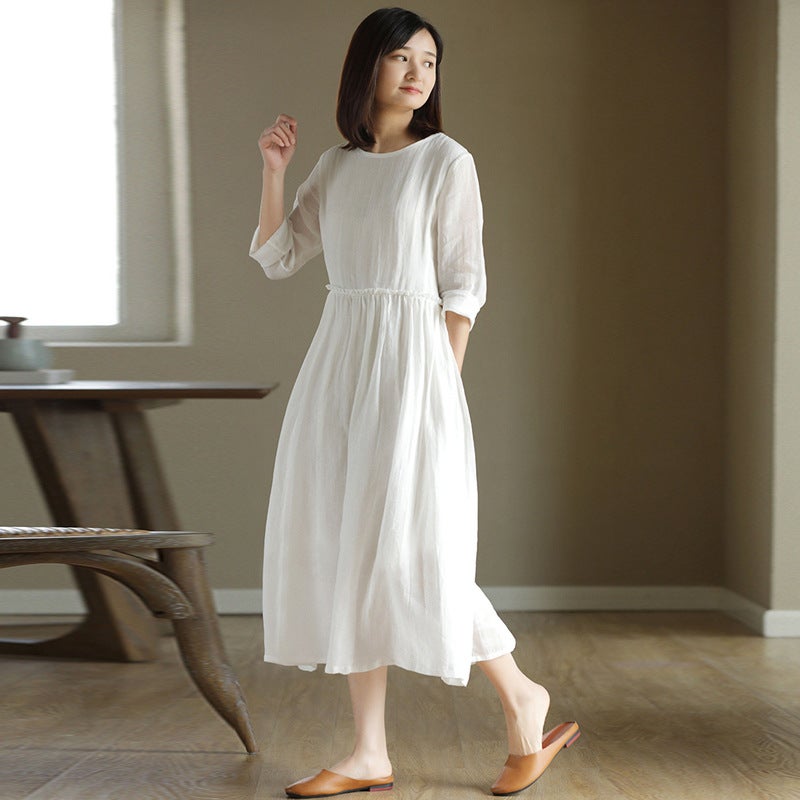 2023 New Summer Cotton Linen Dress Women'S High Waist Slimming Artistic Loose Retro Seven-Sleeve Round Neck Dress - Image 3