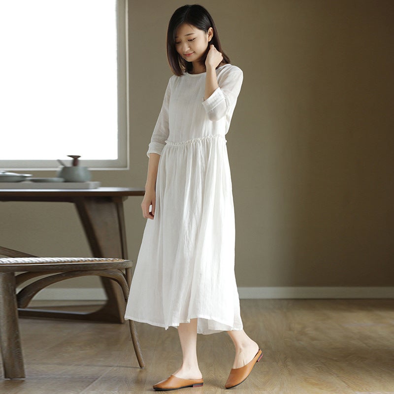 2023 New Summer Cotton Linen Dress Women'S High Waist Slimming Artistic Loose Retro Seven-Sleeve Round Neck Dress - Image 4