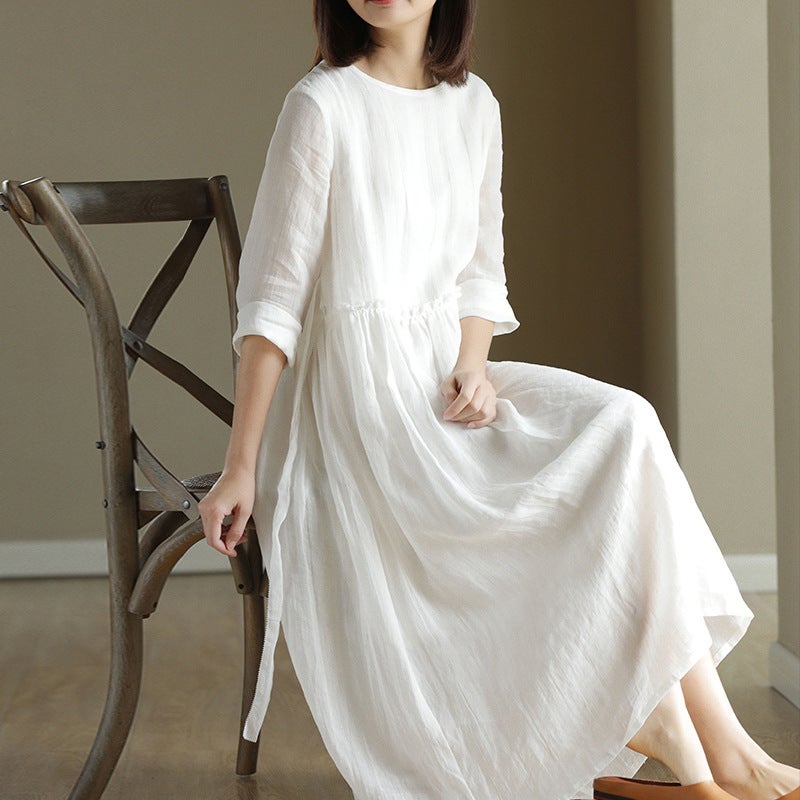 2023 New Summer Cotton Linen Dress Women'S High Waist Slimming Artistic Loose Retro Seven-Sleeve Round Neck Dress - Image 1