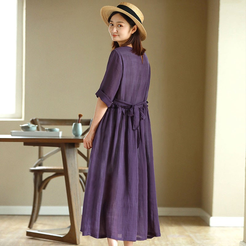 2023 New Summer Cotton Linen Dress Women'S High Waist Slimming Artistic Loose Retro Seven-Sleeve Round Neck Dress - Image 5