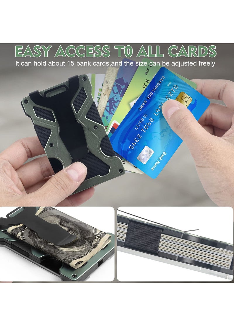 SYOSI Minimalist Wallet for Men- Slim Aluminum Metal Money Clip Wallet with Clear ID Card Holder, Carbon Fiber Wallet, RFID Blocking,Holds up 15 Cards with Cash Clip,Ultra-Thin Tactical Wallet (Green)  - Image 5