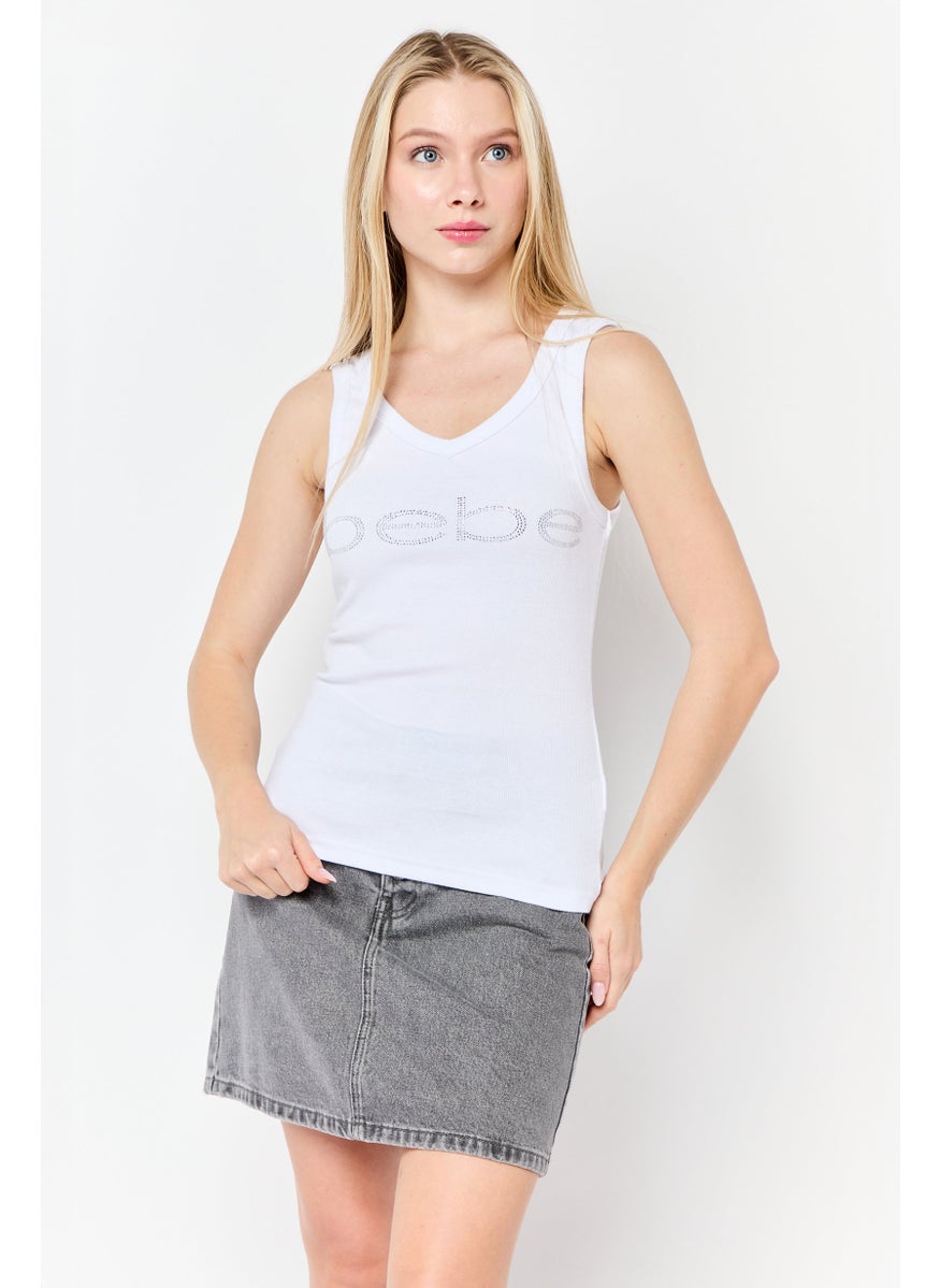 bebe - Women Scoop Neck Sleeveless Brand Logo Tank Top, White - Image 1