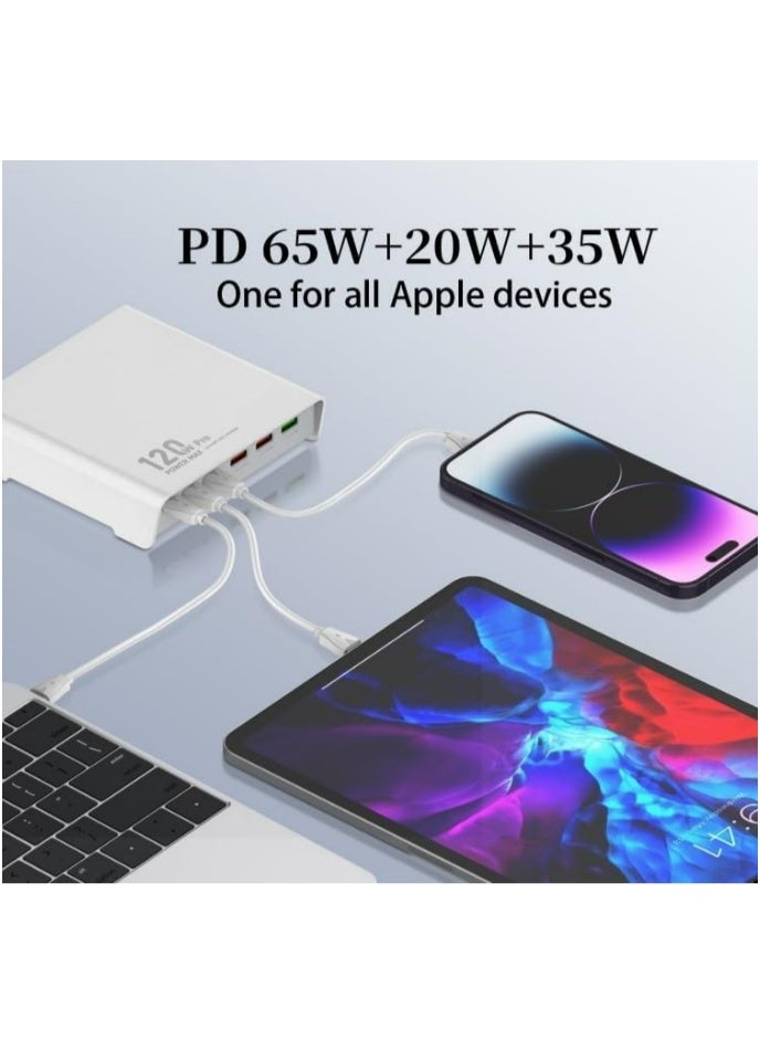 CELIBERY Celebry desktop charger boasts a total power of 120 watts, enabling high-speed charging of multiple devices. It features six charging ports, divided between USB-A and USB-C, to accommodate a wide range of phones, tablets, and laptops. - Image 1
