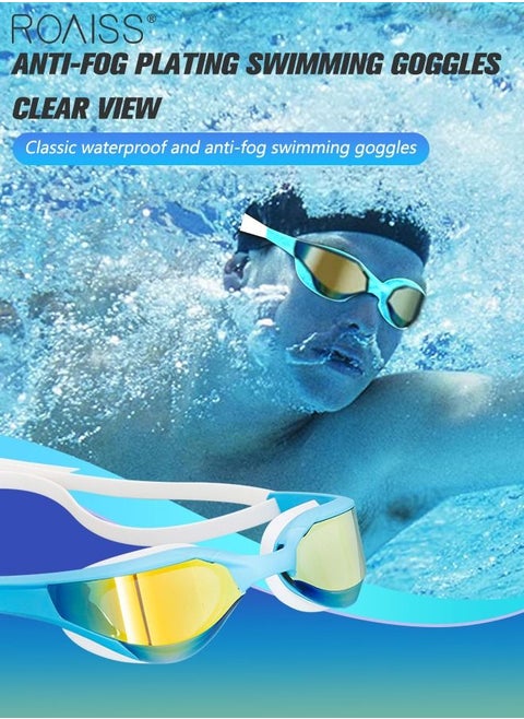 Swim Goggles for Adult with Soft Silicone Gasket, Anti-fog No Leaking Clear Vision Pool Goggles, Swimming Glasses for Men Women, with Light Blue Gold Plated Lens