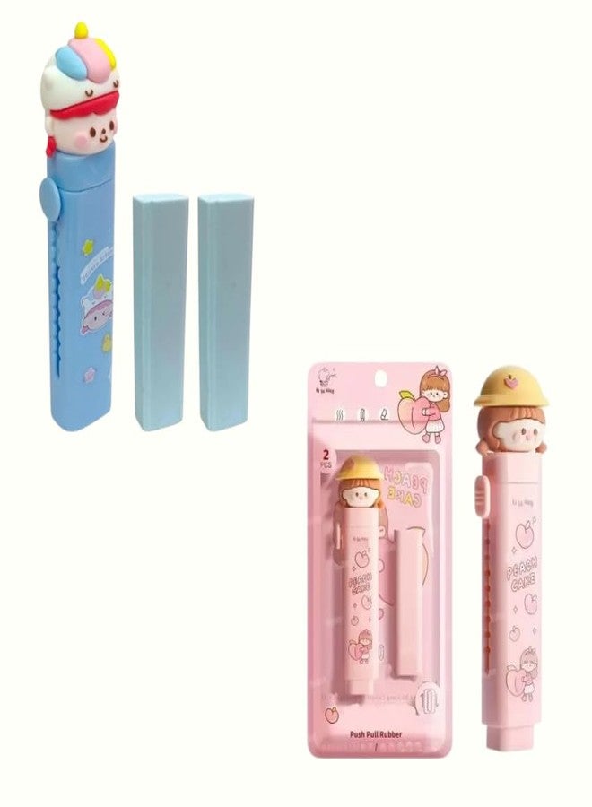 KALRA MAGIC® Cute Themed Eraser with Cartoon Girl Design Rectangular Rubber for Kids, School, and Office Use Pack 2 (Blue-Peach)