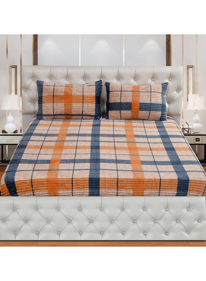 KAWI Velvet Pencil Print 300 GSM Woolen Fleece Warm Winter Checkred Flannel Elastic Fitted Bedsheets for Double Bed King Size 90x100 (78x72X10) inches with 2 Pillow Cover,- Brown - Image 2