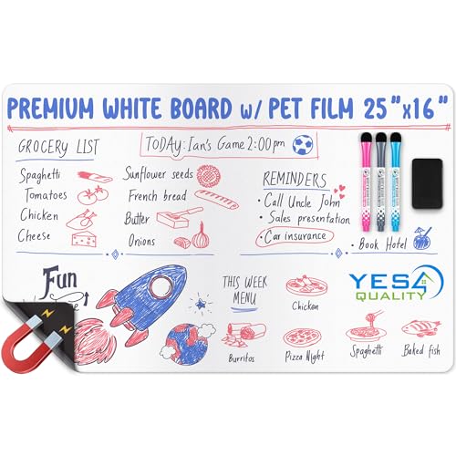 YES4QUALITY Extra Large Magnetic Dry Erase White Board Sheet for Fridge - 25x16 - Stain Resistant Technology with 3 Markers & Big Eraser with Magnet - Refrigerator Whiteboard Planner Organizer - by Yes4Quality - Image 1