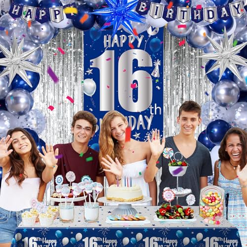 Pounira 16th Birthday Decorations for Boys Girls Blue Happy 16th Birthday Decoration Boy Sweet 16 Party Decorations 16 Year Old BIRTHDAY Tablecloth Door Banner Foil Backdrop Star Balloons - Image 5