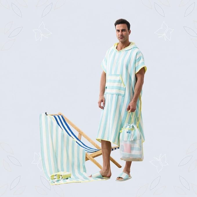 Reefi Lines Adult 4-Piece Hooded Cappa Set with Hat, Bag and Slippers, One Size, Blue-Yellow - Image 2