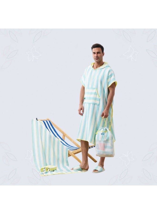 Reefi Lines Adult 4-Piece Hooded Cappa Set with Hat, Bag and Slippers, One Size, Blue-Yellow - Image 1