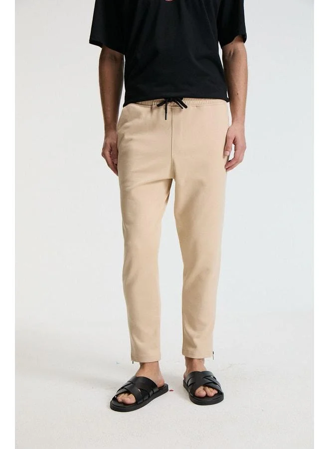 GRIMELANGE LAMARE Men's Waist Elastic Side Pocket Regular Fit Beige Tracksuit Bottom.