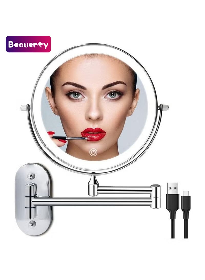 بيوينتي مكياج مضيء مثبت على الحائط قابل لإعادة الشحن مرآة الزينة 8 بوصة مزدوجة الوجه 1X 10X مكبرة المرحاض مرآة 3 إضاءة ملونة تعمل باللمس تعتيم الشاشة، ذراع موسع 360 دوار الحلق ضوء المرآة - Image 1