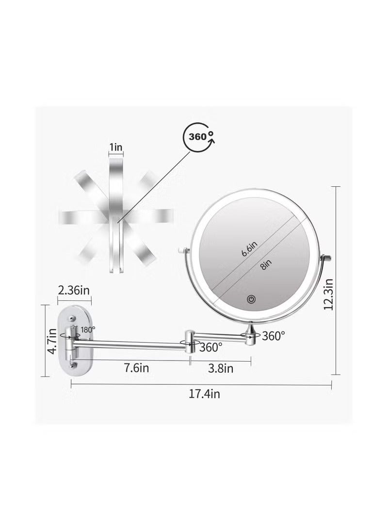بيوينتي مكياج مضيء مثبت على الحائط قابل لإعادة الشحن مرآة الزينة 8 بوصة مزدوجة الوجه 1X 10X مكبرة المرحاض مرآة 3 إضاءة ملونة تعمل باللمس تعتيم الشاشة، ذراع موسع 360 دوار الحلق ضوء المرآة - Image 4
