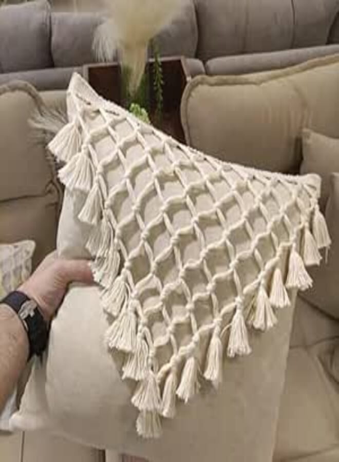 Generic Decorative Macrame Cushion Cover, 45x45 cm, Heavy Linen, Cream, Set of 2 .flo