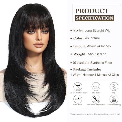 Esmee Long Straight Black Brown Wigs for Women with Fringe Natural Synthetic Hair Wig for Daily Party Use - Image 3