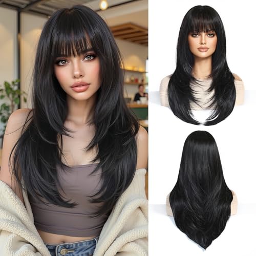 Esmee Long Straight Black Brown Wigs for Women with Fringe Natural Synthetic Hair Wig for Daily Party Use - Image 1