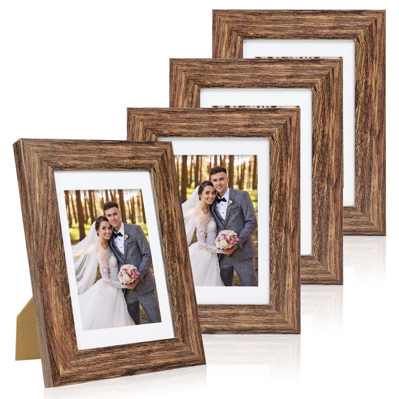 Hongkee 5x7 Picture Frame Set of 4 Made of Real Glass and Rustic Brown Wooden Frame 5 by 7 Photo for Wall or Tabletop  Display Picture 4x6 with Mat or 5x7 Without Mat