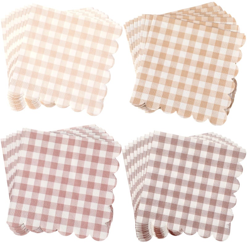 Dinifee 240 Pcs Scalloped Cocktail Napkins Bulk 5 X 5 Inch Gingham Plaid Paper Napkins Disposable Gradient Color Decorative For Wedding Birthday Bridal Anniversary Party Supplies(Khaki) - Image 1