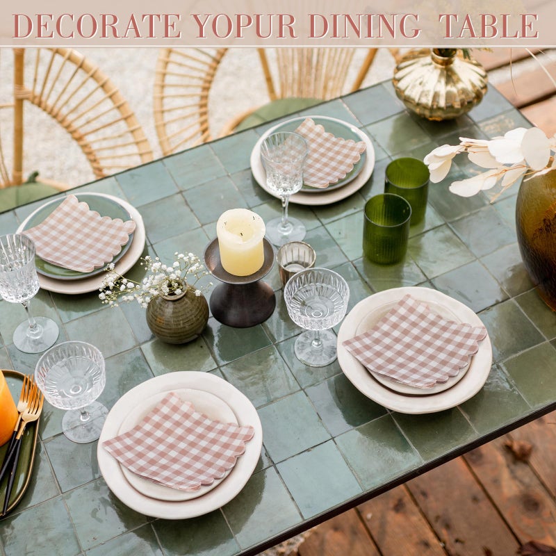 Dinifee 240 Pcs Scalloped Cocktail Napkins Bulk 5 X 5 Inch Gingham Plaid Paper Napkins Disposable Gradient Color Decorative For Wedding Birthday Bridal Anniversary Party Supplies(Khaki) - Image 4