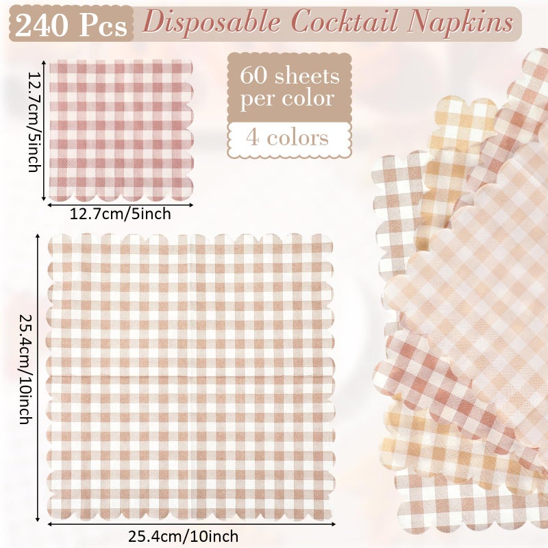 Dinifee 240 Pcs Scalloped Cocktail Napkins Bulk 5 X 5 Inch Gingham Plaid Paper Napkins Disposable Gradient Color Decorative For Wedding Birthday Bridal Anniversary Party Supplies(Khaki) - Image 2