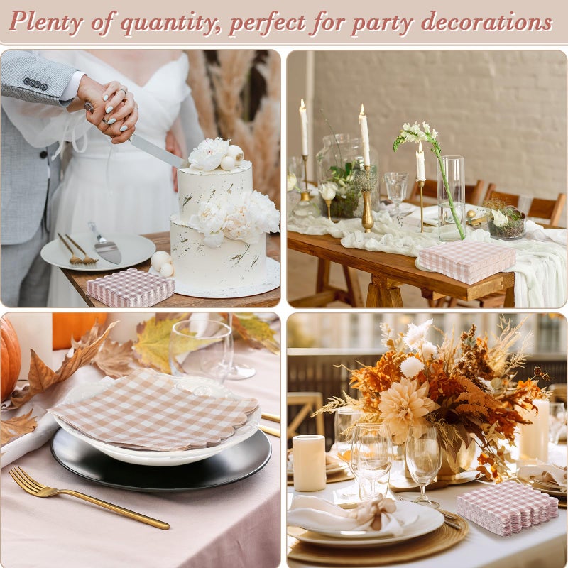 Dinifee 240 Pcs Scalloped Cocktail Napkins Bulk 5 X 5 Inch Gingham Plaid Paper Napkins Disposable Gradient Color Decorative For Wedding Birthday Bridal Anniversary Party Supplies(Khaki) - Image 5