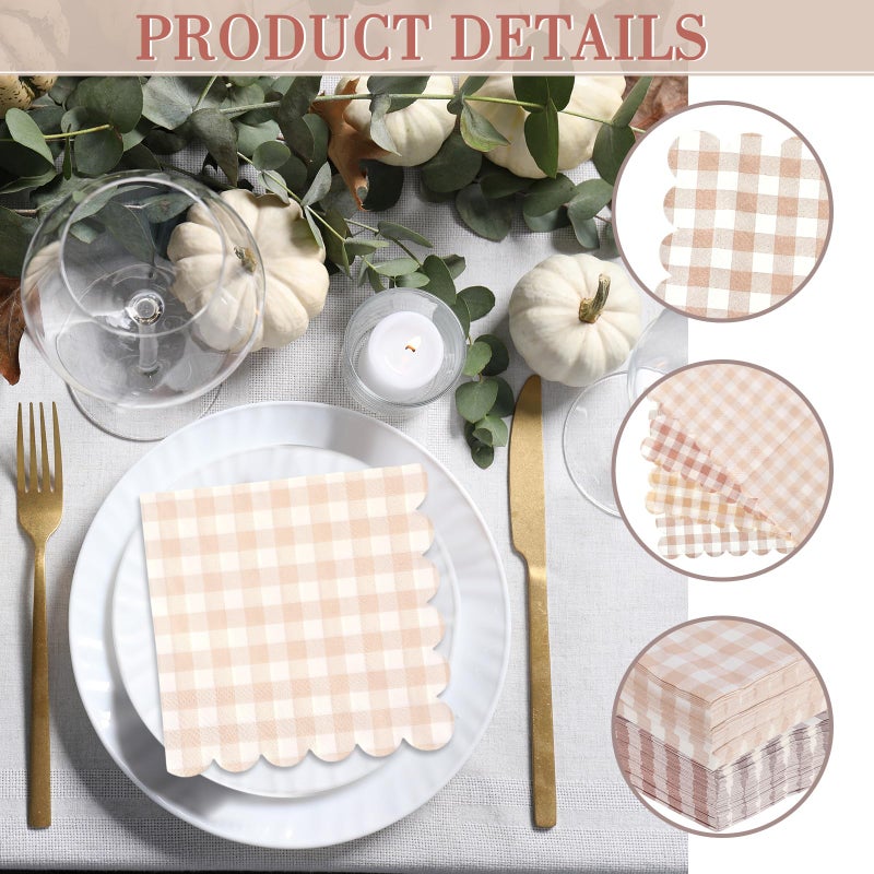 Dinifee 240 Pcs Scalloped Cocktail Napkins Bulk 5 X 5 Inch Gingham Plaid Paper Napkins Disposable Gradient Color Decorative For Wedding Birthday Bridal Anniversary Party Supplies(Khaki) - Image 3