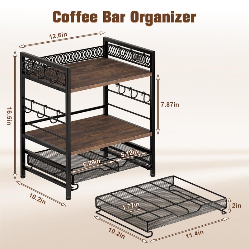 BSTSLL Coffee Bar Organizer, 4 Tier Coffee Station Organizer for Countertop, 30 K Cup Pod Drawer, Mug Cup Holder Stand With 12 Hooks, Multifunctional K Pods Shelf Storage Holder Drawer - Image 3