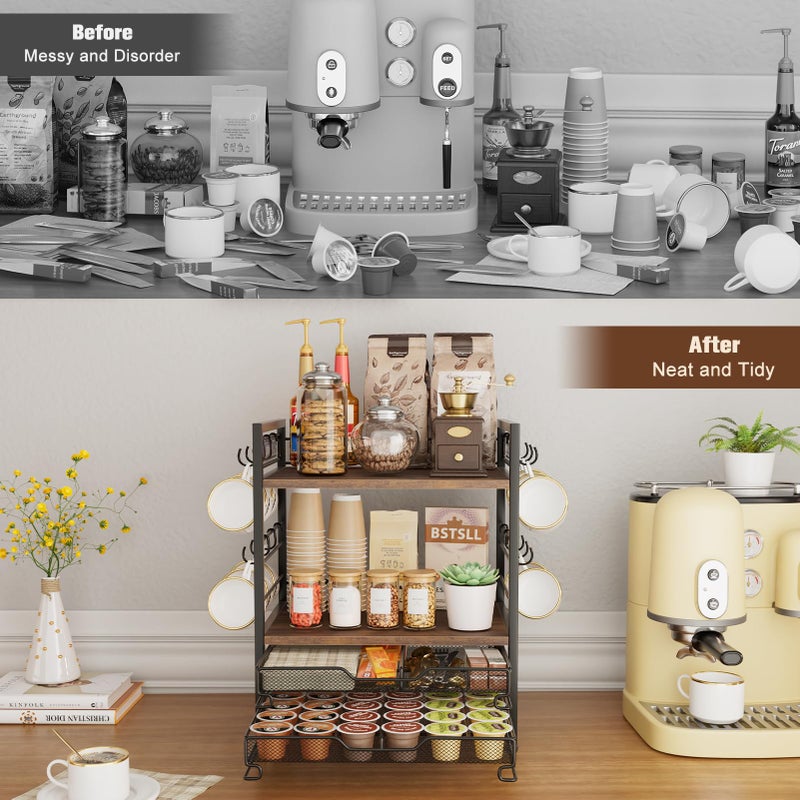 BSTSLL Coffee Bar Organizer, 4 Tier Coffee Station Organizer for Countertop, 30 K Cup Pod Drawer, Mug Cup Holder Stand With 12 Hooks, Multifunctional K Pods Shelf Storage Holder Drawer - Image 5