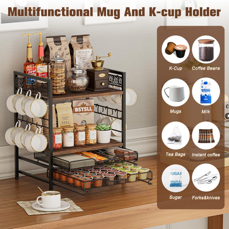 BSTSLL Coffee Bar Organizer, 4 Tier Coffee Station Organizer for Countertop, 30 K Cup Pod Drawer, Mug Cup Holder Stand With 12 Hooks, Multifunctional K Pods Shelf Storage Holder Drawer - Image 2