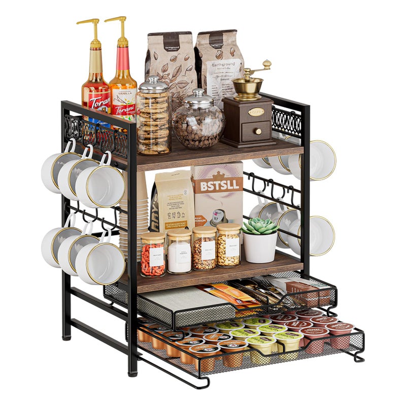 BSTSLL Coffee Bar Organizer, 4 Tier Coffee Station Organizer for Countertop, 30 K Cup Pod Drawer, Mug Cup Holder Stand With 12 Hooks, Multifunctional K Pods Shelf Storage Holder Drawer - Image 1