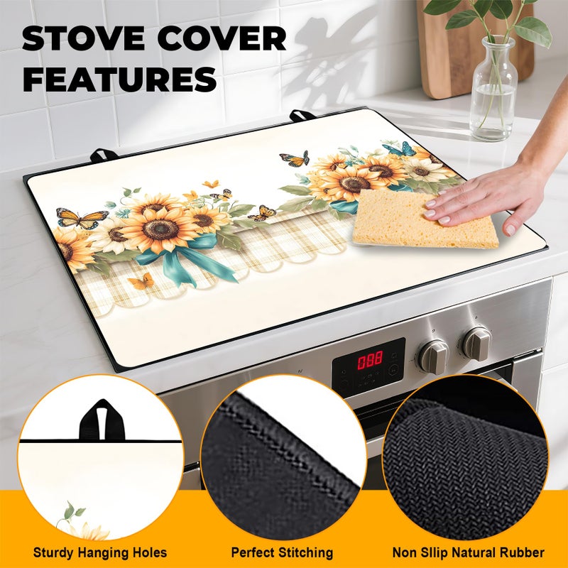 BVBOX Stove Top Cover Retro Flower Gas Stove Top Cover for Home Decoration Kitchen Pad Non-Stick Washable Cooktop Covers Countertop Protector Keep Stove Clean 28"x20" (Sunflower) - Image 2