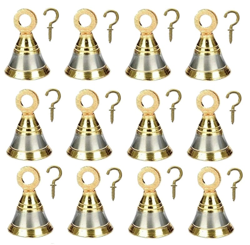 UAPAN UAPAN Brass Bell Decorative Pooja Room Bells with J Hook Silver Gold_2 inch Pack of 12 - Image 2