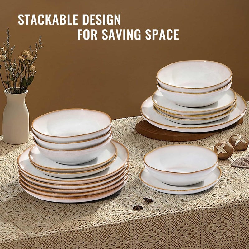 Herogo مجموعة أدوات المائدة من هيروجو من الخزف 12 قطعة لأطباق العشاء لـ 4 أشخاص، أطباق وأوعية خزفية، أدوات مائدة تشمل أطباق العشاء والسلطة وأوعية الحساء، آمنة للاستخدام في الميكروويف وغسالة الصحون، بيضاء لؤلؤية - Image 5