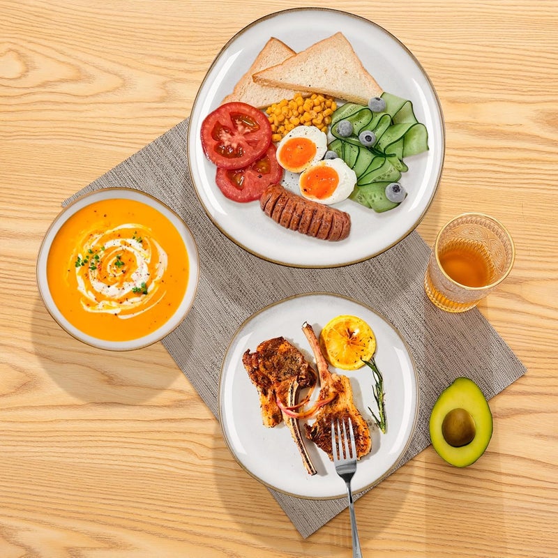 Herogo مجموعة أدوات المائدة من هيروجو من الخزف 12 قطعة لأطباق العشاء لـ 4 أشخاص، أطباق وأوعية خزفية، أدوات مائدة تشمل أطباق العشاء والسلطة وأوعية الحساء، آمنة للاستخدام في الميكروويف وغسالة الصحون، بيضاء لؤلؤية - Image 4