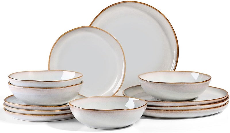 Herogo مجموعة أدوات المائدة من هيروجو من الخزف 12 قطعة لأطباق العشاء لـ 4 أشخاص، أطباق وأوعية خزفية، أدوات مائدة تشمل أطباق العشاء والسلطة وأوعية الحساء، آمنة للاستخدام في الميكروويف وغسالة الصحون، بيضاء لؤلؤية - Image 1