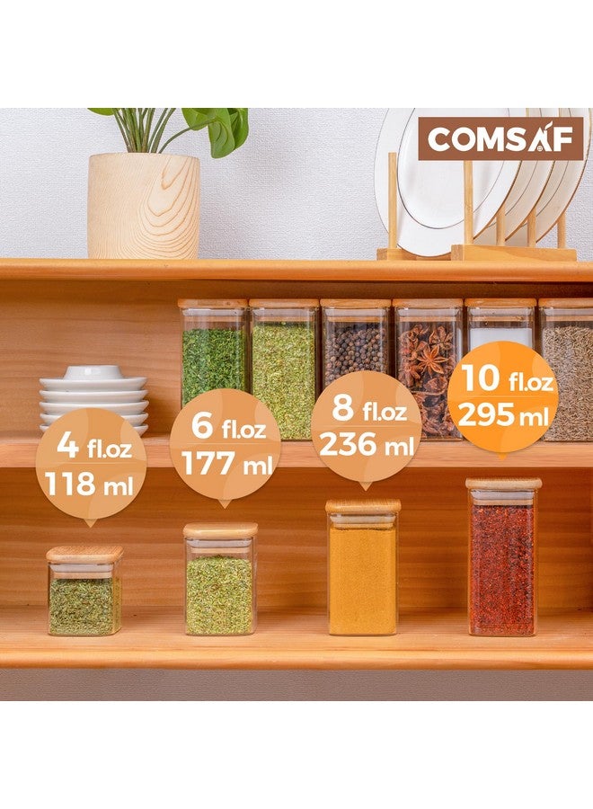 ComSaf جرار توابل زجاجية ComSaf 16 قطعة مع غطاء من الخيزران، حاويات مربعة محكمة الإغلاق سعة 10 أونصات مع 275 ملصق أسود، جرار توابل فارغة للملح والسكر والتوابل - Image 3