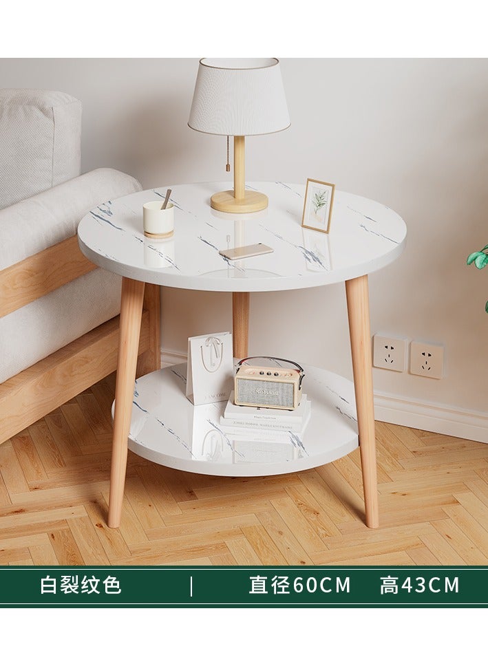 Generic Modern Round Side Table with 2 Tiers, White and Natural Wood, Living Room End Table with Storage Shelf (Marble, 40cm) 
